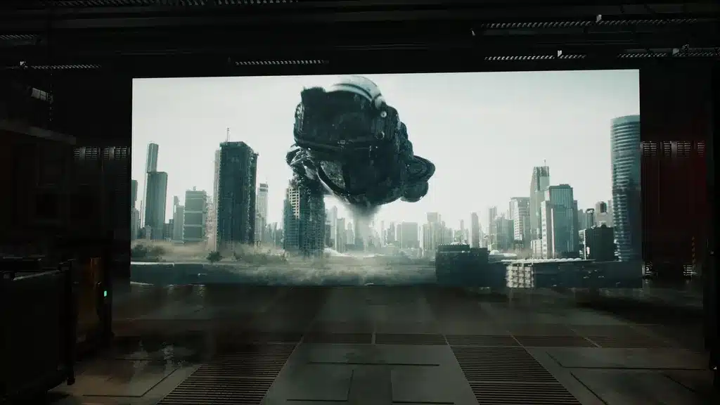 Sci-fi spaceship hovering over a futuristic city skyline.