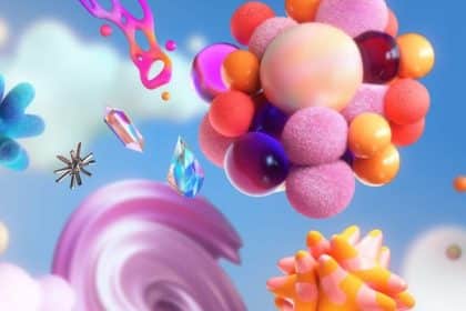 Colourful abstract 3D shapes floating in a dreamlike sky.