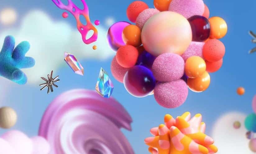 Colourful abstract 3D shapes floating in a dreamlike sky.