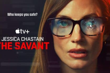 Jessica Chastain in Apple TV+ series The Savant poster with cracked glasses.