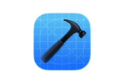 Xcode app icon with a hammer on a blueprint background