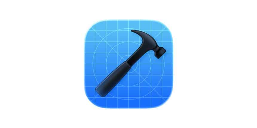 Xcode app icon with a hammer on a blueprint background