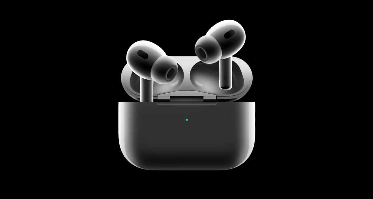 Apple AirPods Pro 2 in black charging case with earbuds displayed.