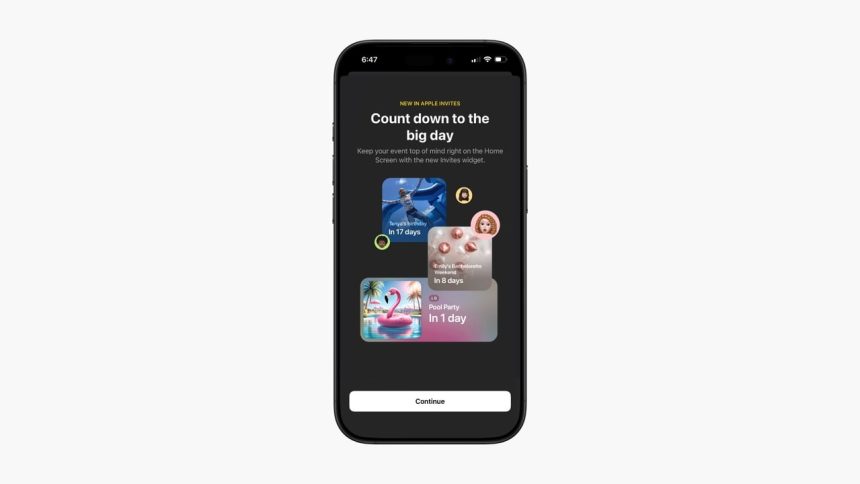 iPhone screen showing Apple Invites app with countdown event widgets.