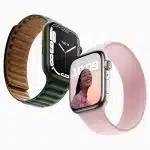 Two Apple Watch models with different bands, one green with leather and one pink with silicone.