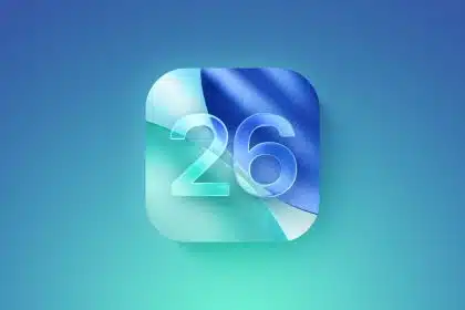 iOS 26 logo with a blue and green gradient background.