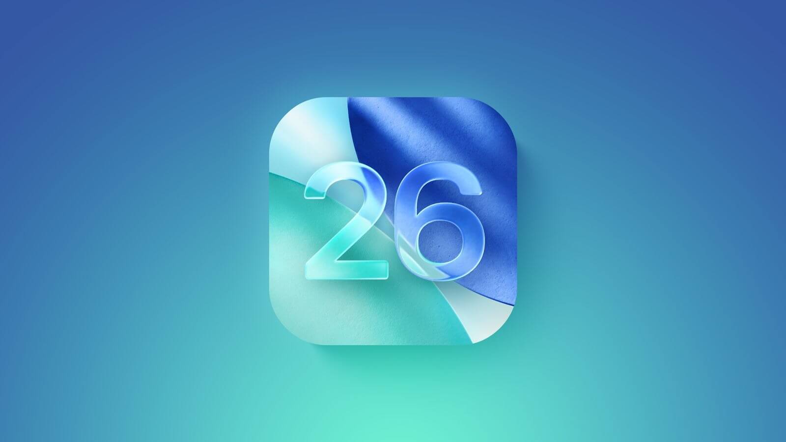 iOS 26 logo with a blue and green gradient background.