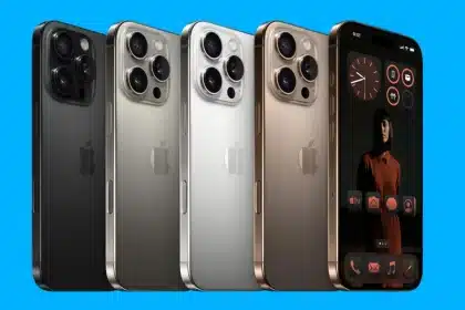 iPhone 17 models in multiple colours displayed against a blue background.