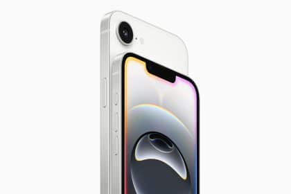iPhone 16e in white colour with front and back view.