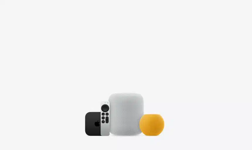 Apple smart home devices including Apple TV, HomePod, and HomePod mini.