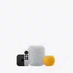Apple smart home devices including HomePod, HomePod mini, remote, and Apple TV.