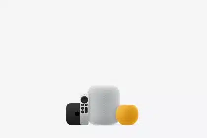 Apple smart home devices including HomePod, HomePod mini, remote, and Apple TV.