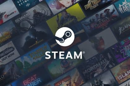 Steam logo over a collage of popular video game titles.
