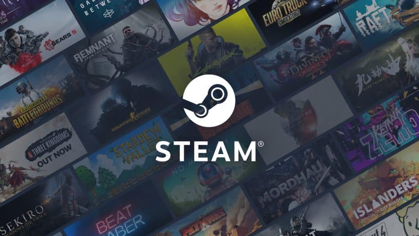Steam logo over a collage of popular video game titles.