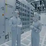 Two workers in protective suits inside a semiconductor manufacturing facility.
