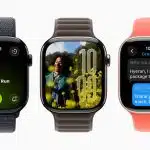 Three Apple Watches showing fitness, photos, and messages on screen.