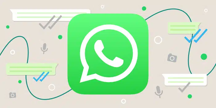 WhatsApp logo with chat icons and message bubbles in the background.