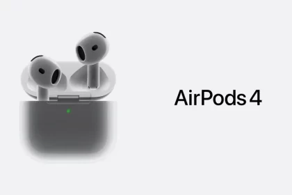 Apple AirPods 4 in charging case with product name displayed.