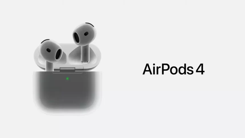 Apple AirPods 4 in charging case with product name displayed.
