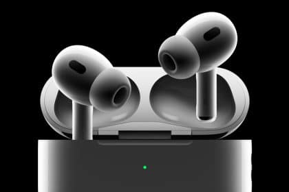 Close-up of Apple AirPods Pro 3 in their charging case.