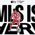 Lionel Messi in pink Inter Miami jersey promoting MLS Season Pass on Apple TV.