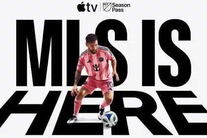 Lionel Messi in pink Inter Miami jersey promoting MLS Season Pass on Apple TV.