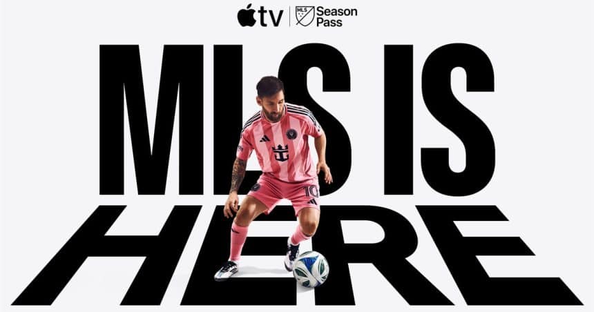 Lionel Messi in pink Inter Miami jersey promoting MLS Season Pass on Apple TV.