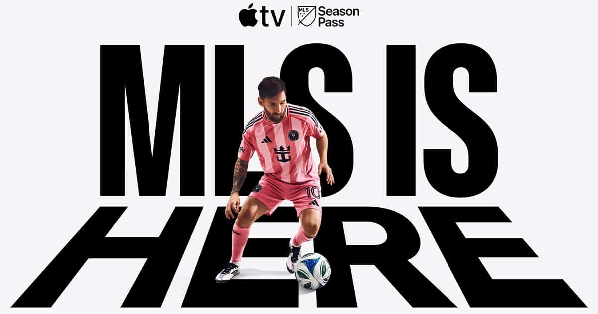 Lionel Messi in pink Inter Miami jersey promoting MLS Season Pass on Apple TV.