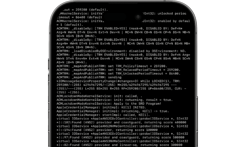 iPhone screen displaying security research code from Apple’s Security Research Device Program.