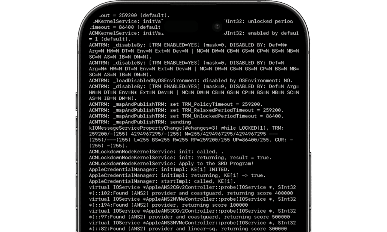 iPhone screen displaying security research code from Apple’s Security Research Device Program.