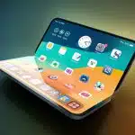 Foldable iPhone concept with screen bent at the middle displaying apps.