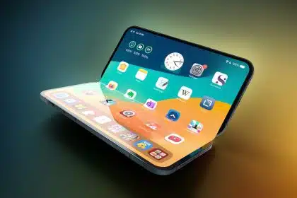 Foldable iPhone concept with screen bent at the middle displaying apps.