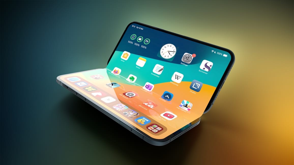 Foldable iPhone concept with screen bent at the middle displaying apps.