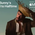 Bad Bunny wearing a straw hat in Apple Music Super Bowl halftime promo.