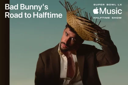 Bad Bunny wearing a straw hat in Apple Music Super Bowl halftime promo.