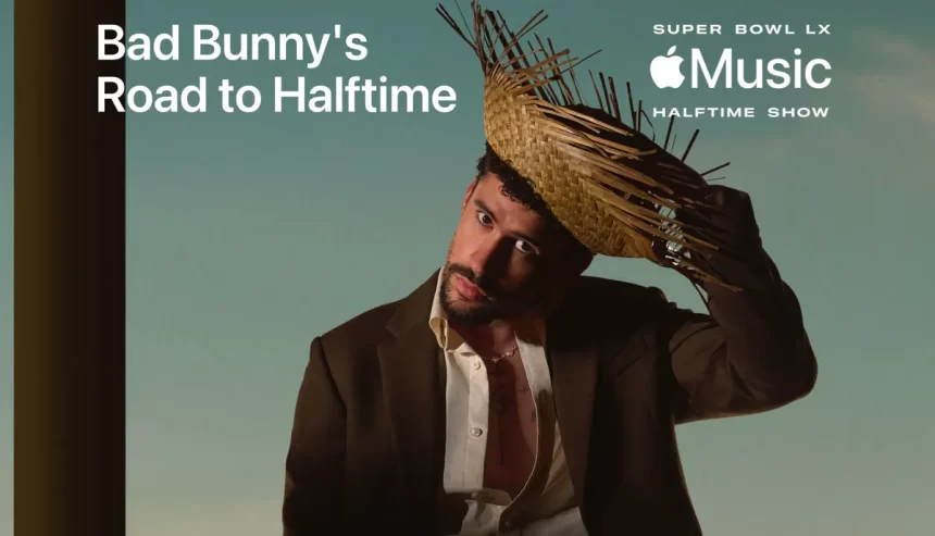 Bad Bunny wearing a straw hat in Apple Music Super Bowl halftime promo.