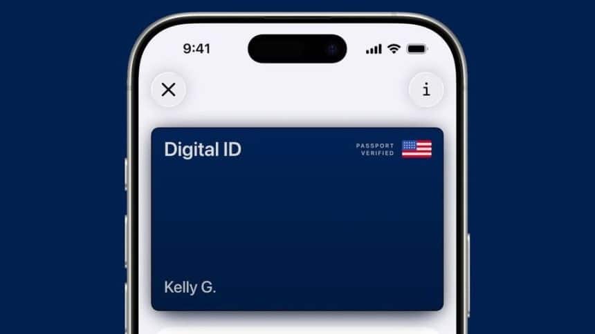 iPhone screen showing a digital US passport in Apple Wallet.
