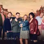 Cast of Gavin & Stacey standing together on a street.