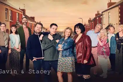 Cast of Gavin & Stacey standing together on a street.