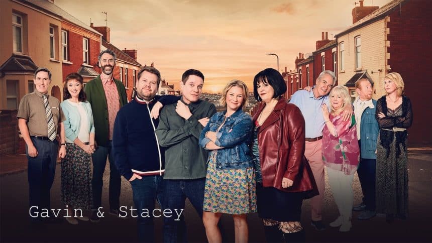 Cast of Gavin & Stacey standing together on a street.