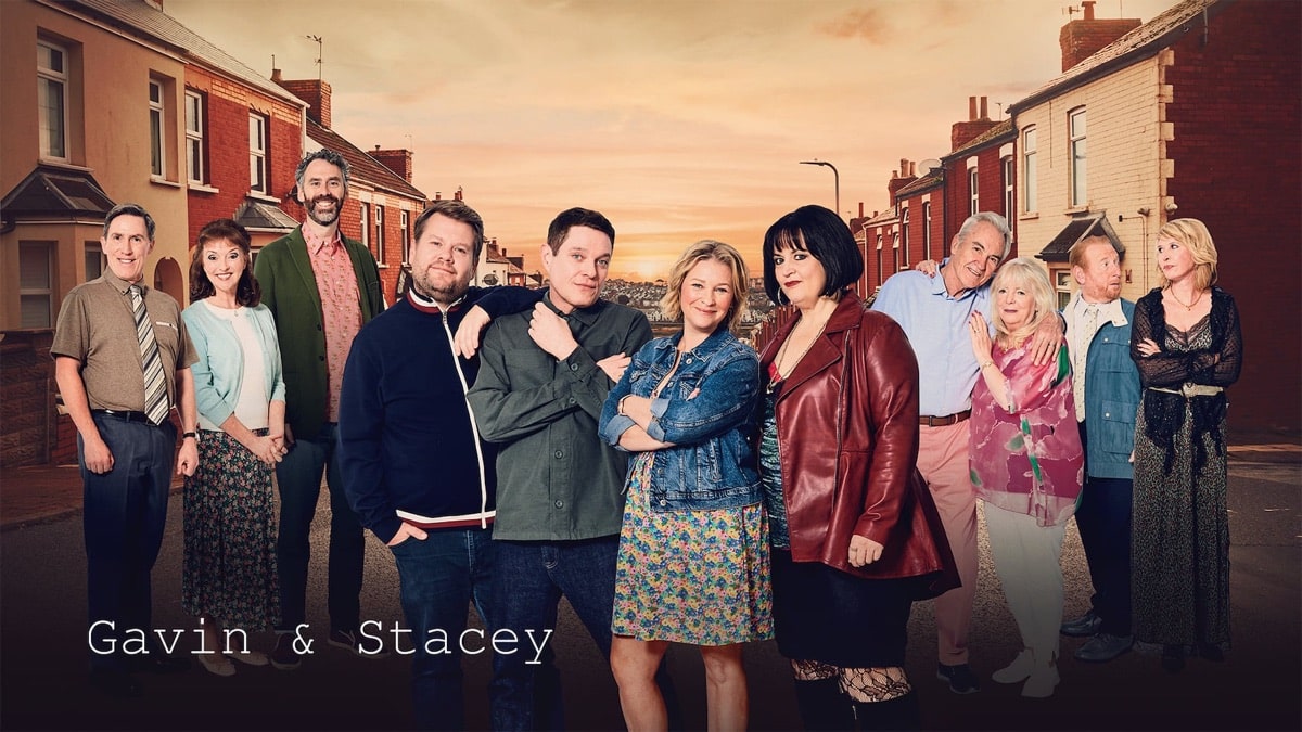 Cast of Gavin & Stacey standing together on a street.
