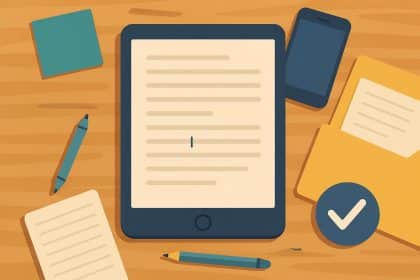 Laptops and mobile devices displaying writing apps for college essay assistance and productivity