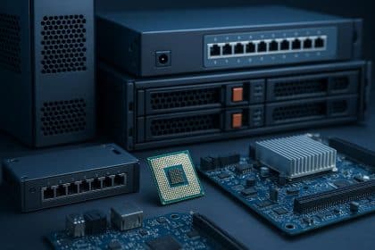 Server racks and computer components illustrating enterprise infrastructure wholesale solutions