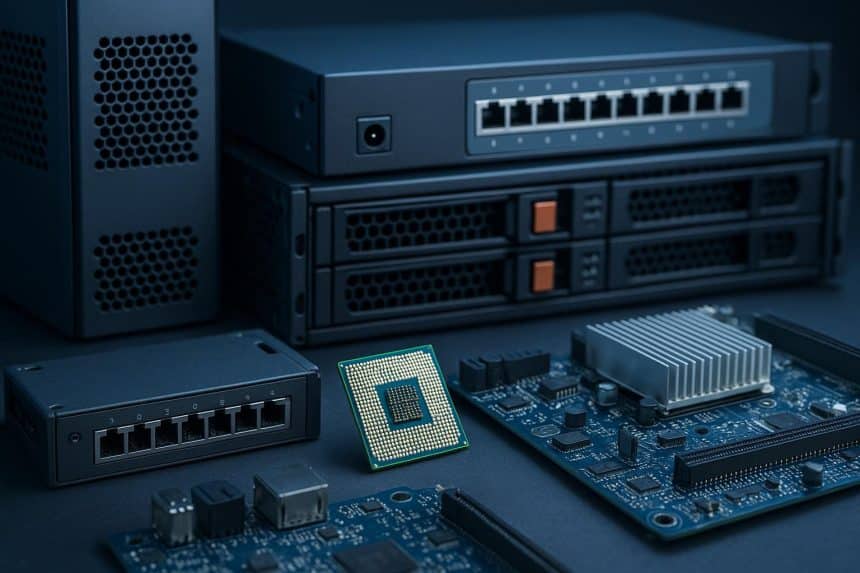 Server racks and computer components illustrating enterprise infrastructure wholesale solutions