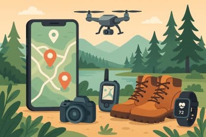 Family using GPS and smartphones to explore a forest trail during a nature adventure outdoors