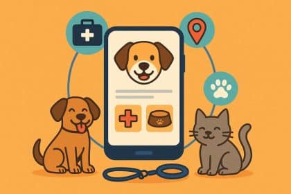 Smartphone displaying pet care apps with dog and cat icons, highlighting digital pet management benefits