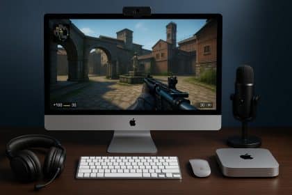 Apple devices set up with monitors and gaming peripherals for esports streaming and gameplay
