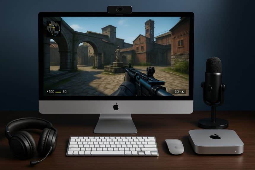 Apple devices set up with monitors and gaming peripherals for esports streaming and gameplay