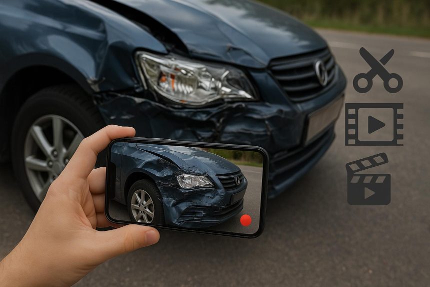 Smartphone capturing car damage during virtual inspection for total loss insurance claim