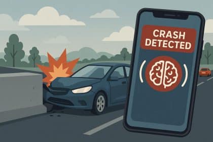 Smartphone displaying crash-detection alert screen in a car interior after an accident